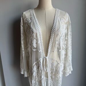 Bohemian Floral Lace Kimono XL Sheer White Longline Tie Front Boho Cover Pretty